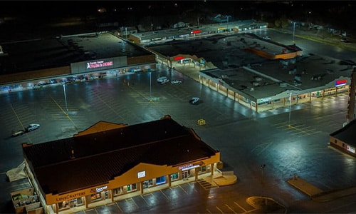 A night time aerial view of the State Fair Shopping center